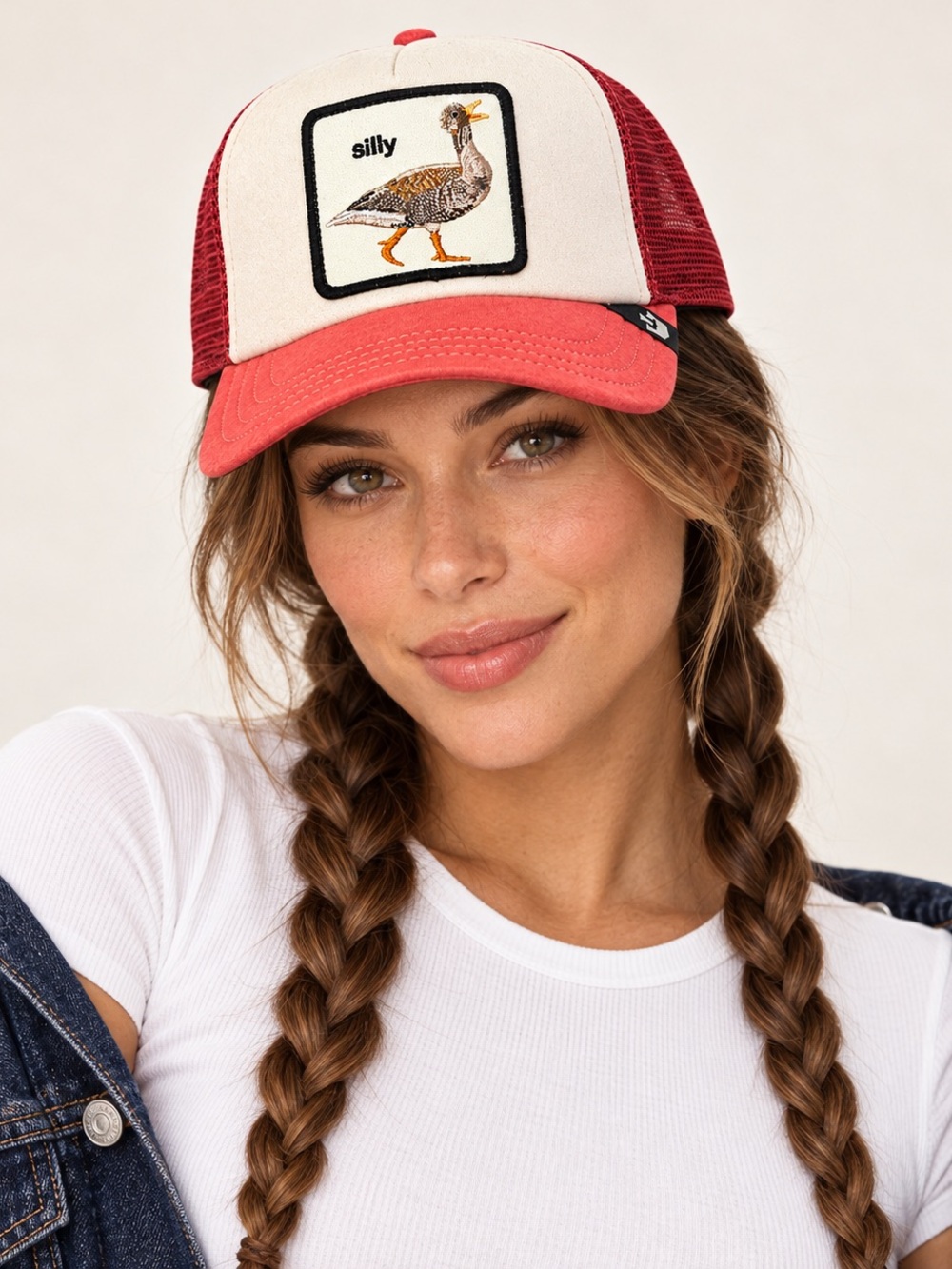 silly Bird Patch Trucker Hat - Red & Cream